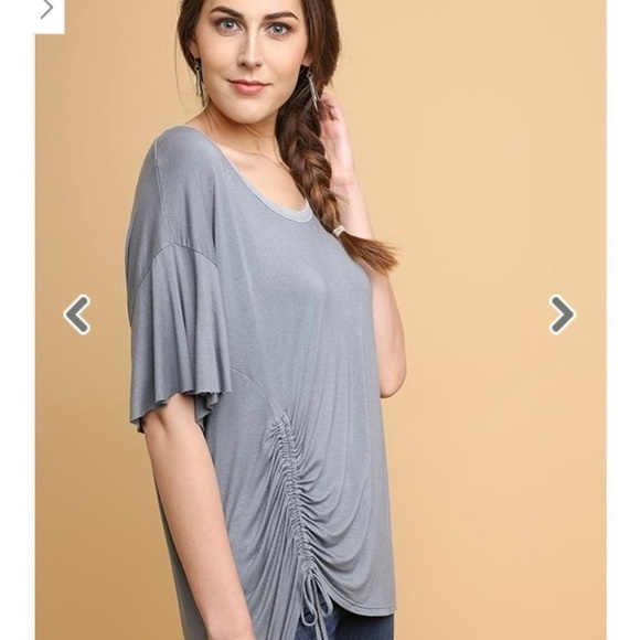 Basic Knit Short Ruffle Sleeve Scoop Neck Top w/Cinched Drawstring Side Detail - Picture 3 of 5